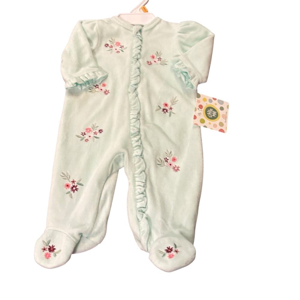 NWT Baby Girls size NB “Little Me” mint green floral footed outfit